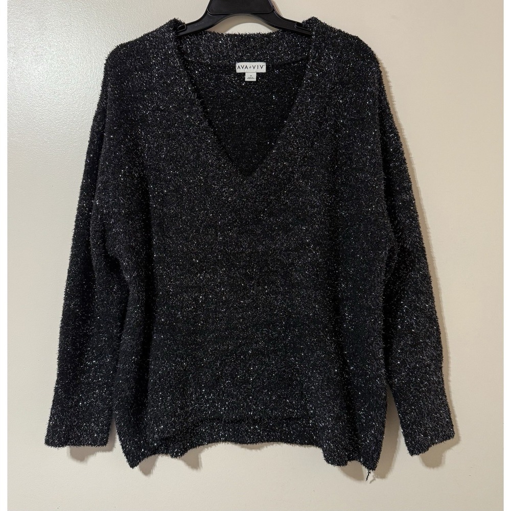 Women's AVA & VIV Black Shimmering V-neck Long Sleeve Sweater Sz 1X Cold Weather